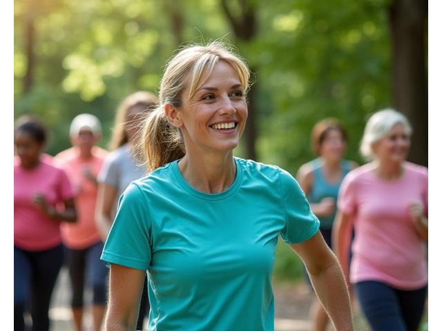 Diverse group of people participating in a wellness event in a Portland park, smiling and active.