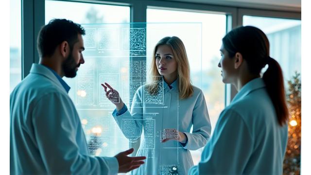 Researchers in a modern lab setting, analyzing data on screens, representing scientific collaboration.