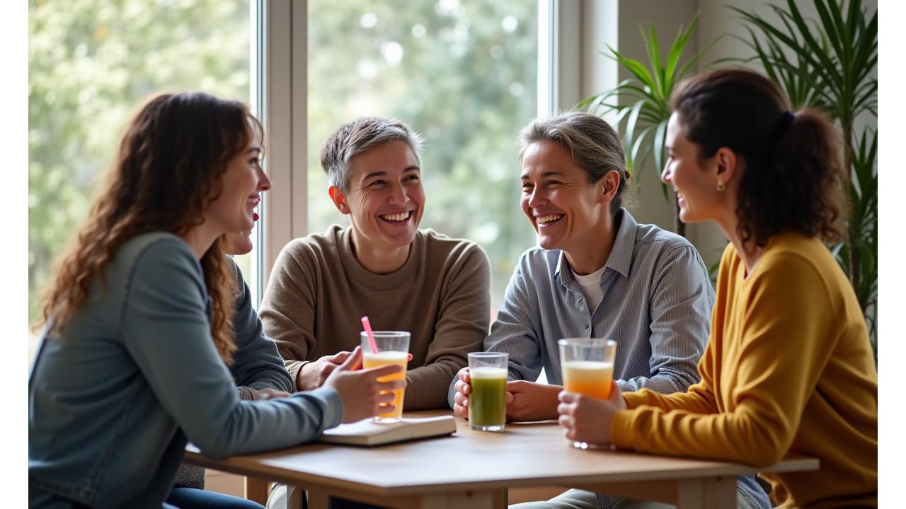 Diverse group of adults engaged in lively discussion around health and wellness, showcasing connection and support.