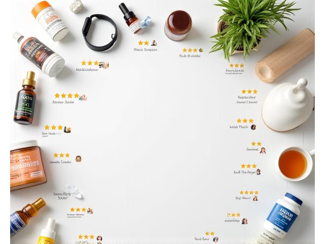 Grid of various wellness products with star ratings, user photos in reviews, and verified purchase badges.