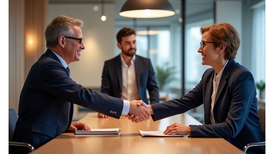 Two diverse professionals shaking hands in a modern collaborative workspace