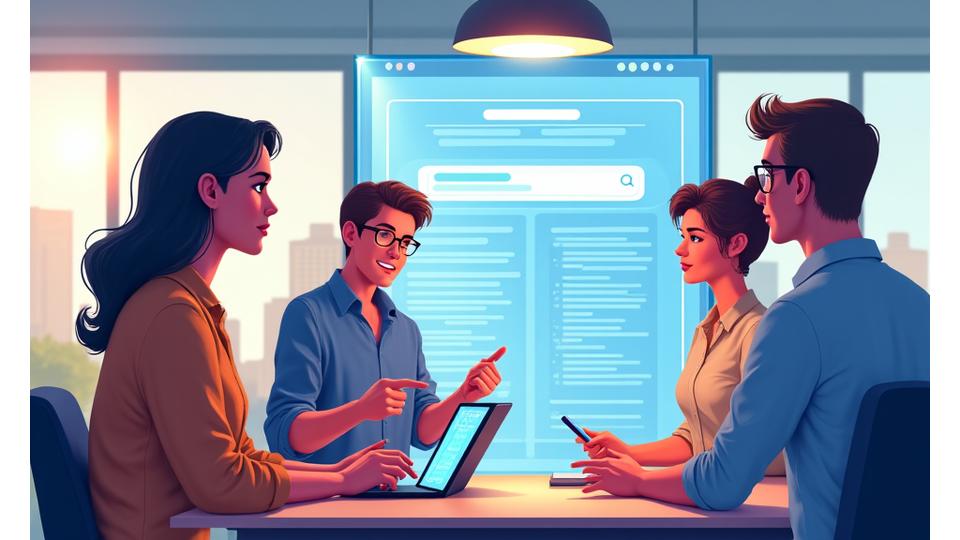 Illustration of diverse people collaborating around a digital knowledge base