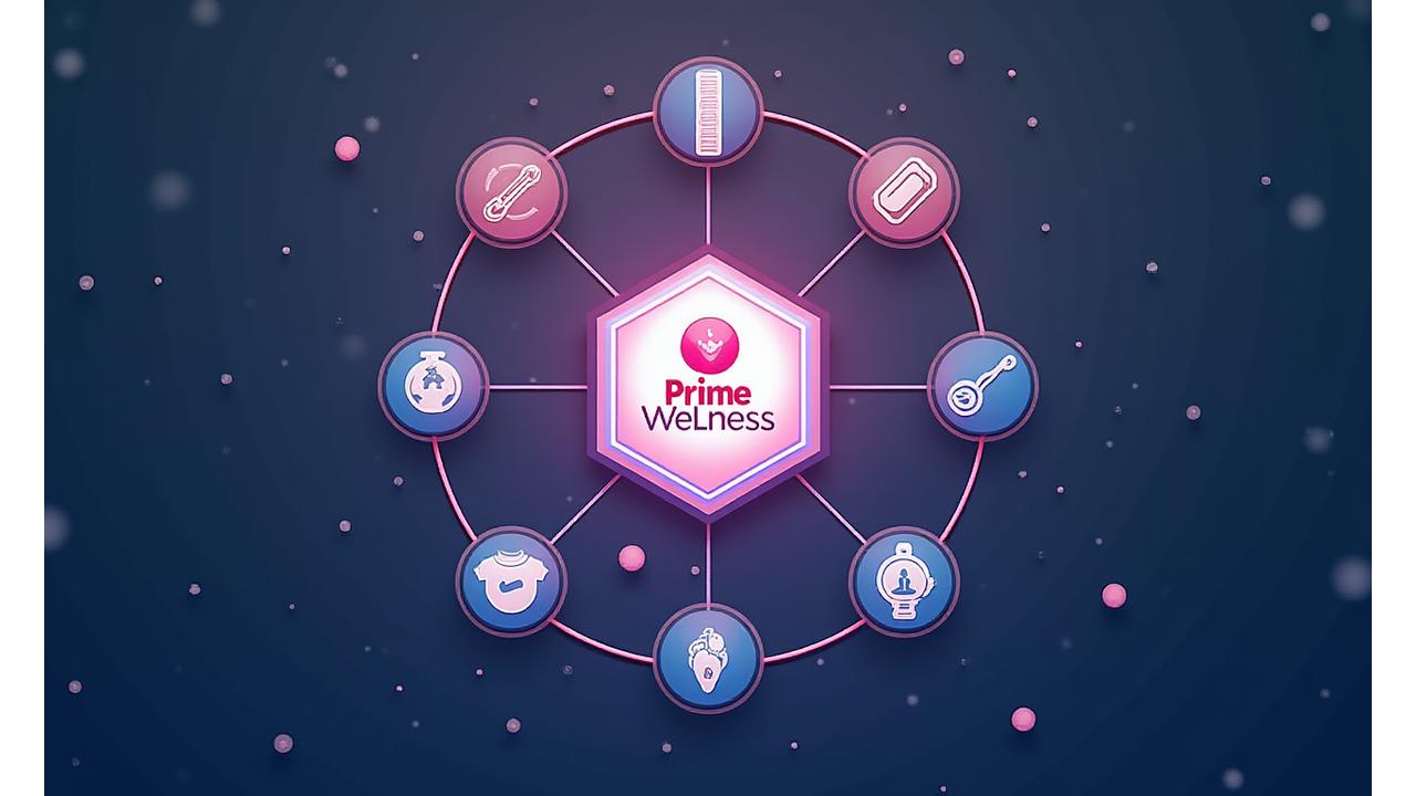Diagram showing various health apps and wearable devices integrated into a central Prime Wellness platform, featuring icons like Apple Health, Google Fit, Fitbit, MyFitnessPal