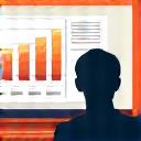 Graphic of a laptop screen displaying a productivity chart and a person working efficiently