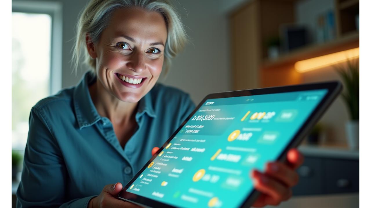 Woman in her 40s interacting with a clean, modern health assessment interface on a tablet, showing progress bars and positive feedback.