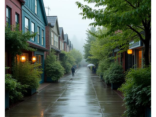 Rain-swept street in Portland with vibrant greenery, symbolizing seasonal routine adjustments.