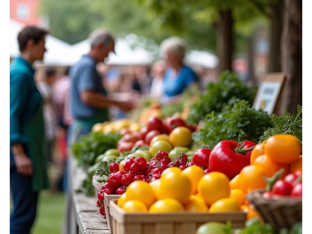 Shoppers at a bustling Portland farmer's market, promoting local sustainable living.