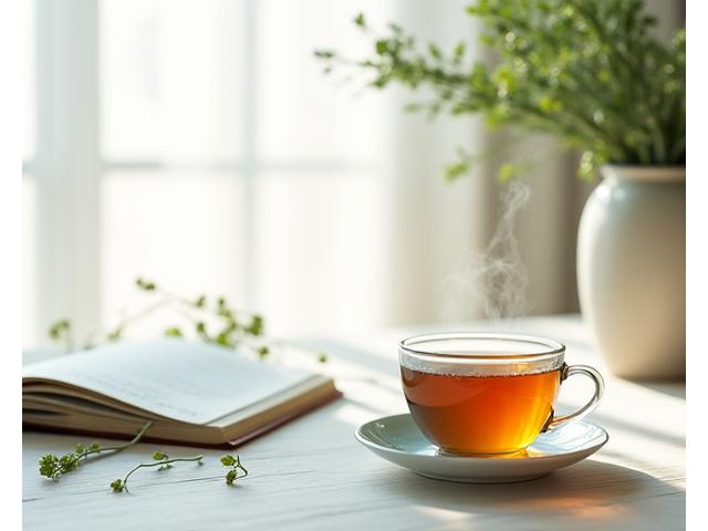 Refreshing sunrise scene with a cup of herbal tea and a journal, symbolizing a peaceful morning routine.