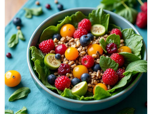 Vibrant bowl of fresh, healthy ingredients, symbolizing nutrition improvements.