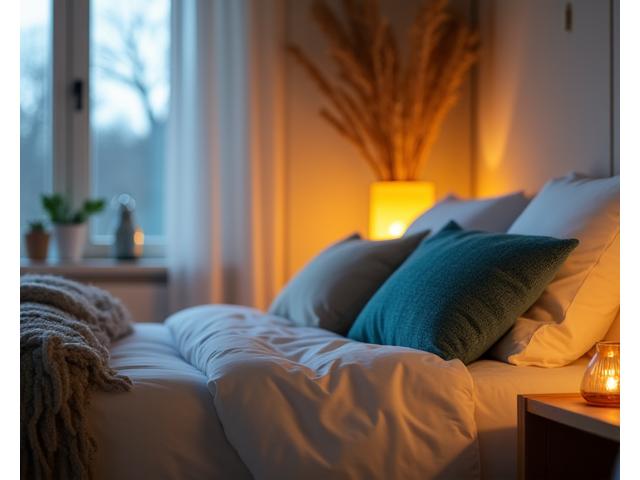 Peaceful bedroom scene with soft lighting and comfortable bedding, promoting sleep enhancement.