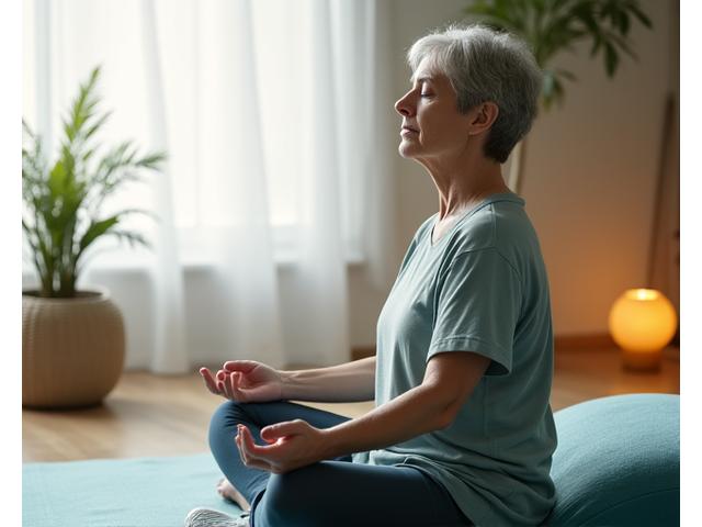 Calm woman meditating in a tranquil setting, representing stress management techniques.