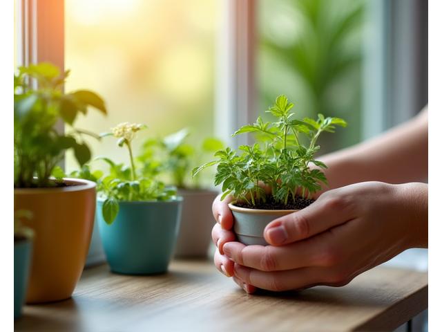 Hands tending to a small garden, symbolizing sustainable living and eco-conscious choices.