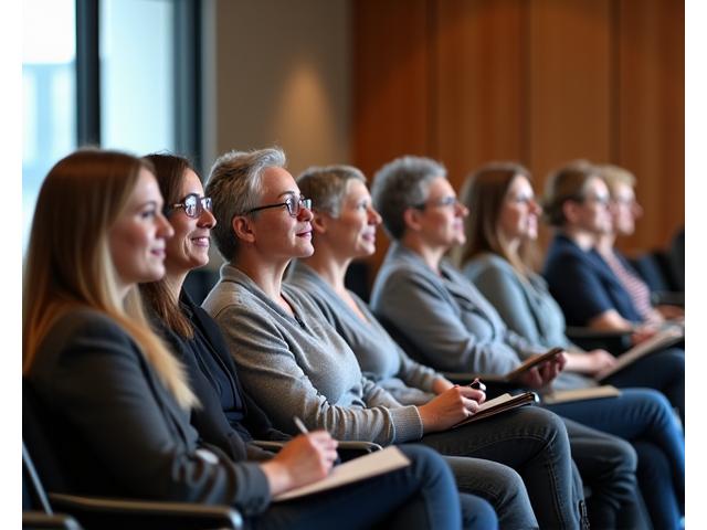 Diverse group of adults engaged in a thoughtful discussion during a wellness seminar.
