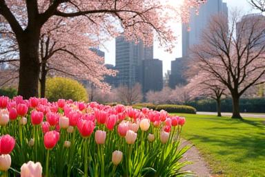 Vibrant spring flowers blooming in a Portland park, symbolizing renewal.