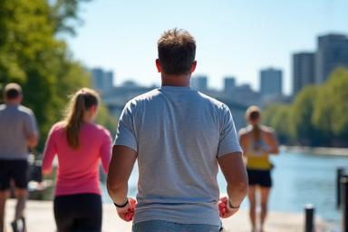 People enjoying an outdoor summer fitness class by the Willamette River.