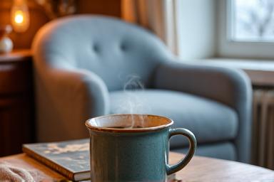 Cozy interior with warm blankets and healthy tea, suggesting winter wellness.