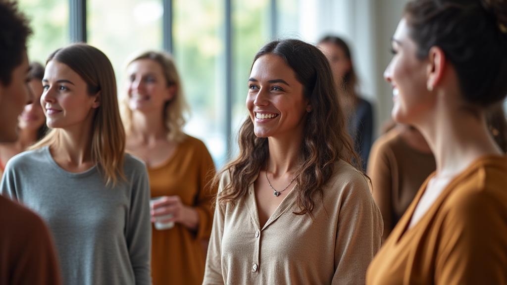 Diverse group of adults participating in a mindful community gathering, smiling and connected