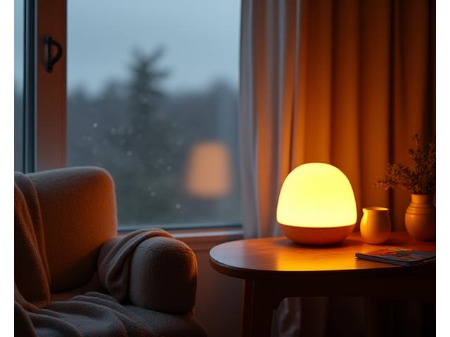 Cozy Portland room with soft light therapy lamp glowing on a cloudy day