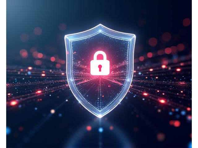 Secure data shield with digital lock icon, symbolizing robust data protection and HIPAA compliance.