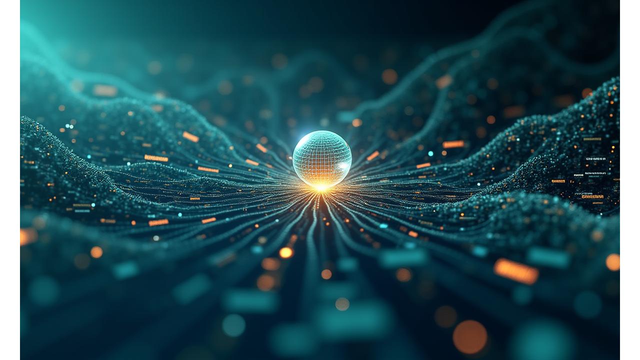 A complex, artistic visualization of an AI algorithm processing various data inputs: graphs, code snippets, user reviews, and scientific papers, flowing into a central 'recommendation' node.