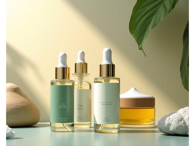 A collection of elegant, natural beauty and self-care products, such as serums, lotions, and essential oils, arranged aesthetically on a wooden surface.