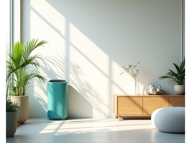 Modern and minimalistic home interior featuring an air purifier, a humidifier, and natural light, emphasizing a healthy living environment.