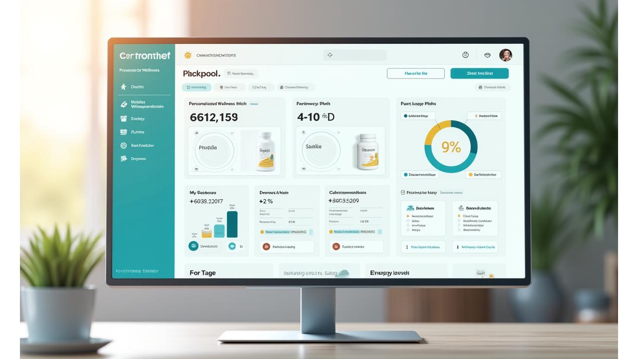 A clean, modern digital dashboard interface displaying personalized wellness product recommendations, effectiveness tracking charts, and reorder reminders for a user.