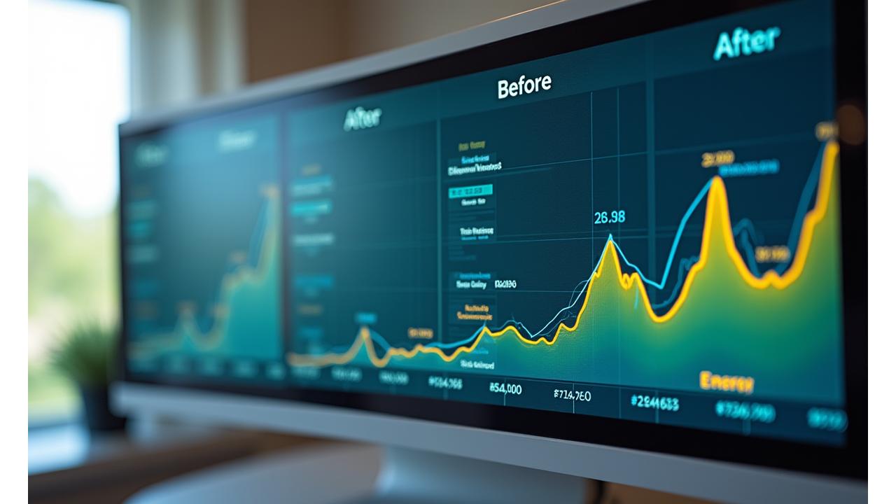 A dashboard showing clear, quantifiable health metrics: before and after results, percentage improvements in sleep quality, energy levels, and overall well-being, represented with engaging infographics.