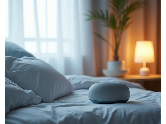 Peaceful bedroom setting with soft lighting, advanced sleep mask, and a smart bedside gadget for sleep tracking.