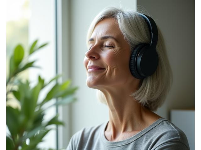 A person practicing meditation with noise-cancelling headphones in a serene, minimalist room, suggesting calm and focus.