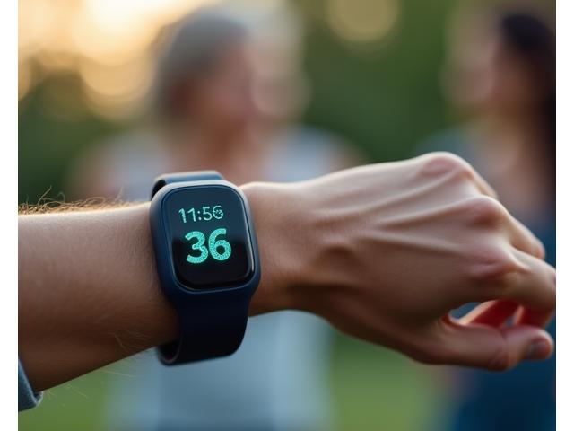 A sleek, modern fitness tracker on a wrist, displaying heart rate data, with a blurred background of a person exercising.