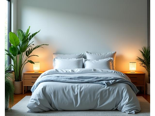 Serene, minimalist bedroom with soft indirect lighting, neutral tones, and lush green plants, conveying calm and relaxation.