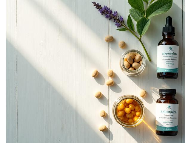 Assortment of natural sleep supplements including magnesium, melatonin, L-theanine, and valerian root on a light wooden surface with soft focus.