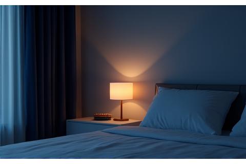 Minimalist smart bedroom with automated dimming lights, a smart speaker playing white noise, and climate control screen.