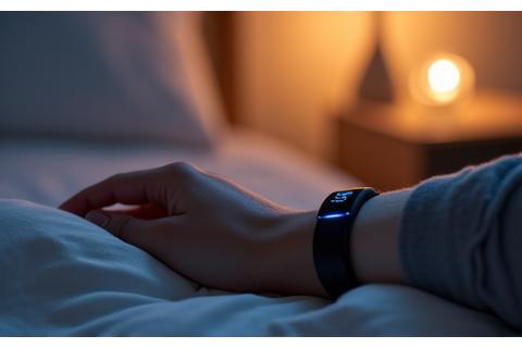 Modern sleep tracking wearable device on a wrist by a bedside table with soft light.