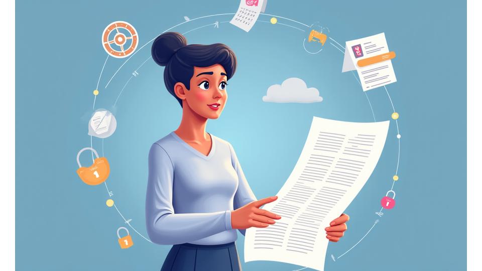 Illustration of a person reviewing a large document with gears and health icons, symbolizing agreement and structured wellness data.